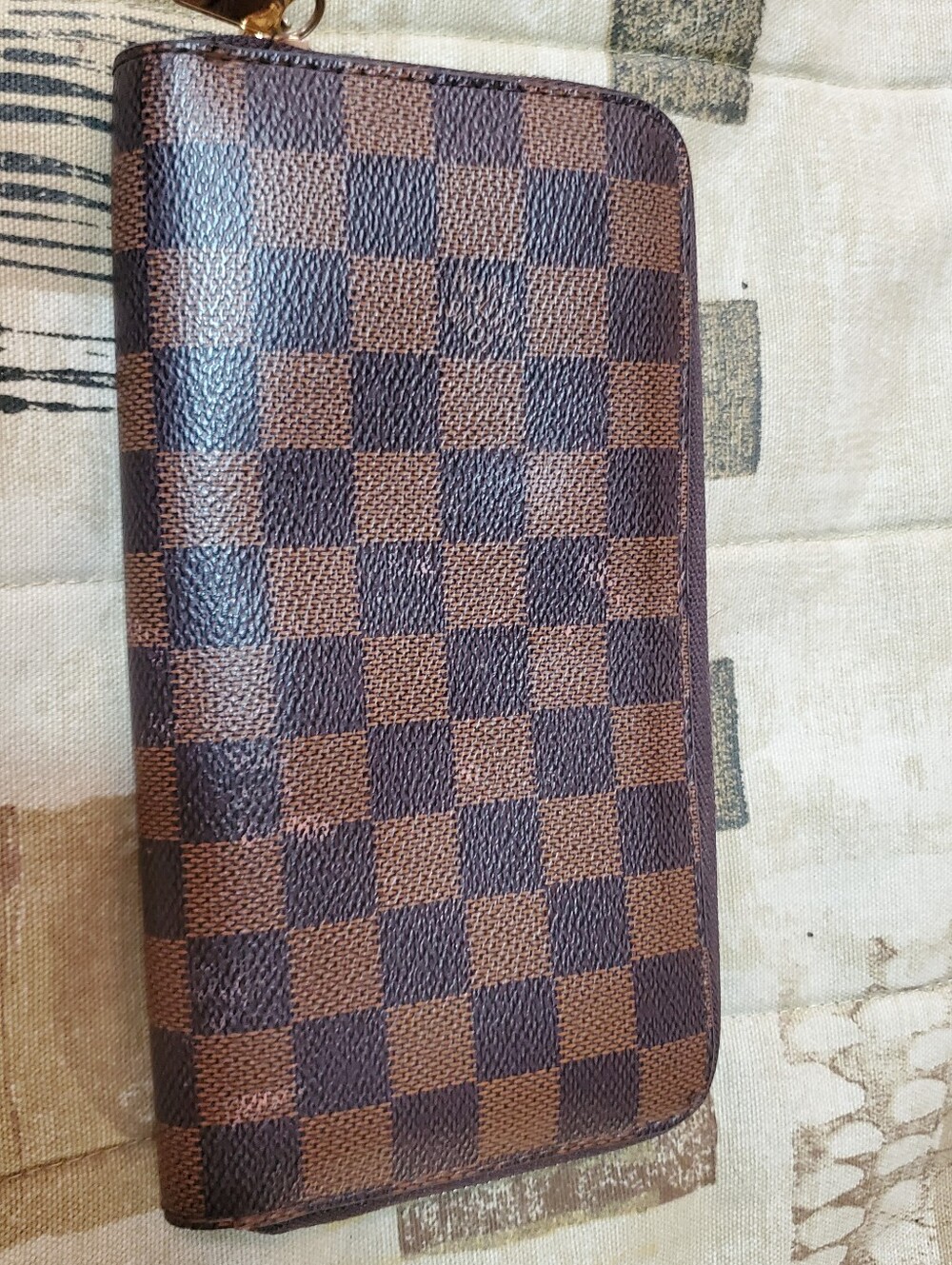 Brown Checkerboard Clutch Wallet with Multiple Card Slots
